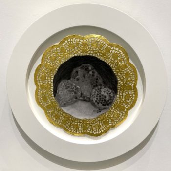 Alicia Brown, Specimen from Paradise #3, 2018, Charcoal on Strathmore paper mounted on gold paper doily, 15.5 inch diameter, $ 1,500