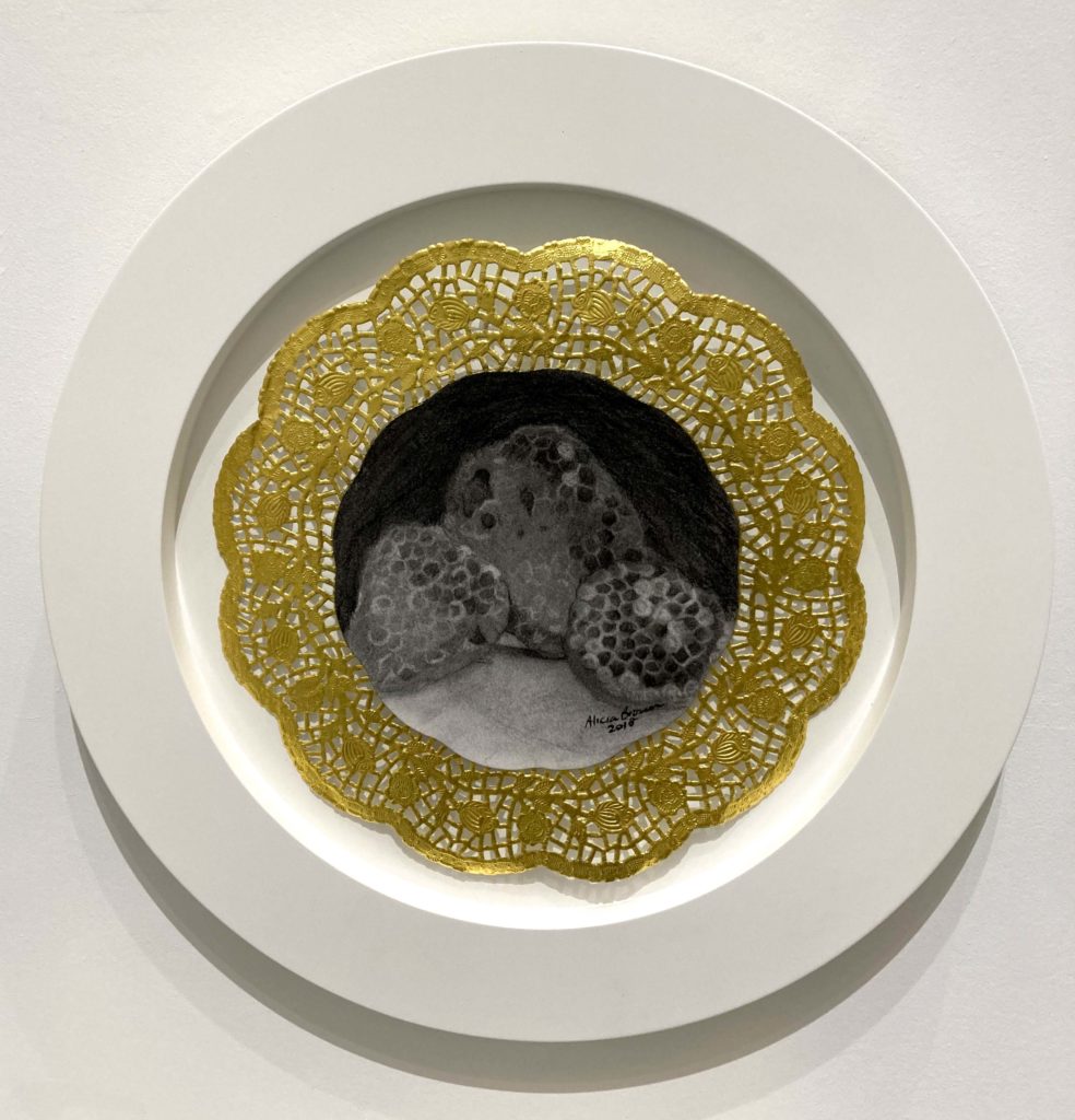 Alicia Brown, Specimen from Paradise #3, 2018, Charcoal on Strathmore paper mounted on gold paper doily, 15.5 inch diameter, $ 1,500