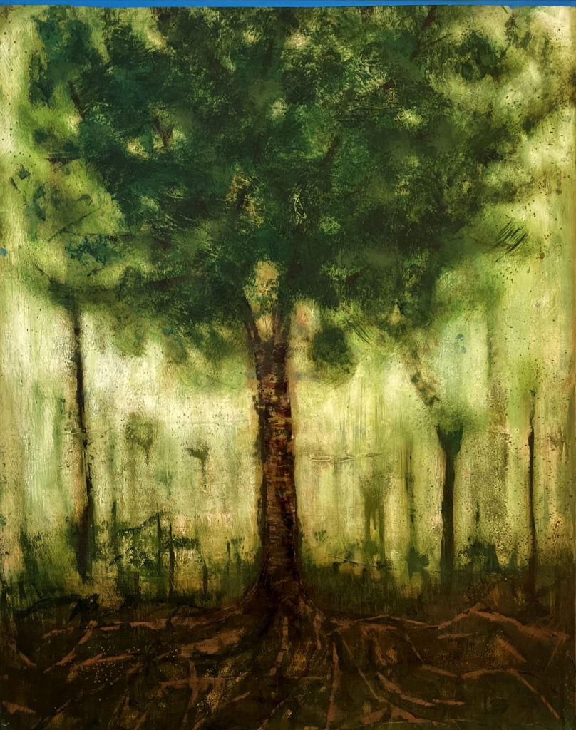 Katherine Bowling, Last Tree, 2022, oil on spackle on wood, 30 x 24 inches