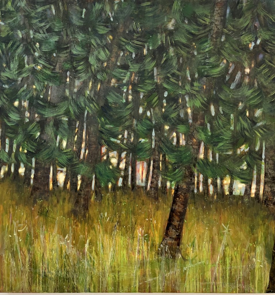 Katherine Bowling, In the Pines, 2020, oil on spackle on wood panel, 42 x 40 inches