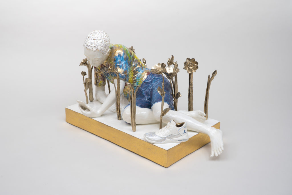 Claire Partington, Narcissus, 2022, Glazed earthenware and gold plated brass, 11 x 15½ x 10 inches