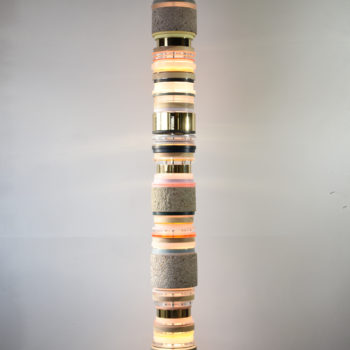 Matt Gagnon, Concrete & Brass, 2022, Concrete, poplar wood, brass, aluminum, painted MDF, acrylic, steel and LED, 106 x 10½ inches, Sold