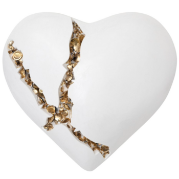 Jessica Lichtenstein, Kiss, 2022, Concrete and plaster heart with engraved lockets and watches, 24 x 21 x 9 inches