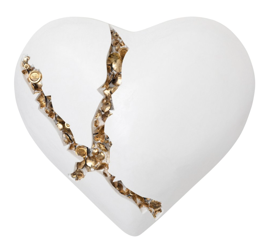 Jessica Lichtenstein, Kiss, 2022, Concrete and plaster heart with engraved lockets and watches, 24 x 21 x 9 inches