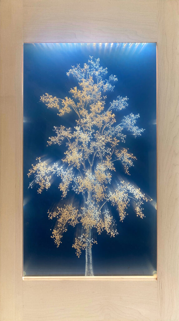 Tatyana Murray, Summer Glow, 2023, Refracted light, glass, acrylic, programmed LED lights and a custom maple frame, 31 x 17½ x 5 inches