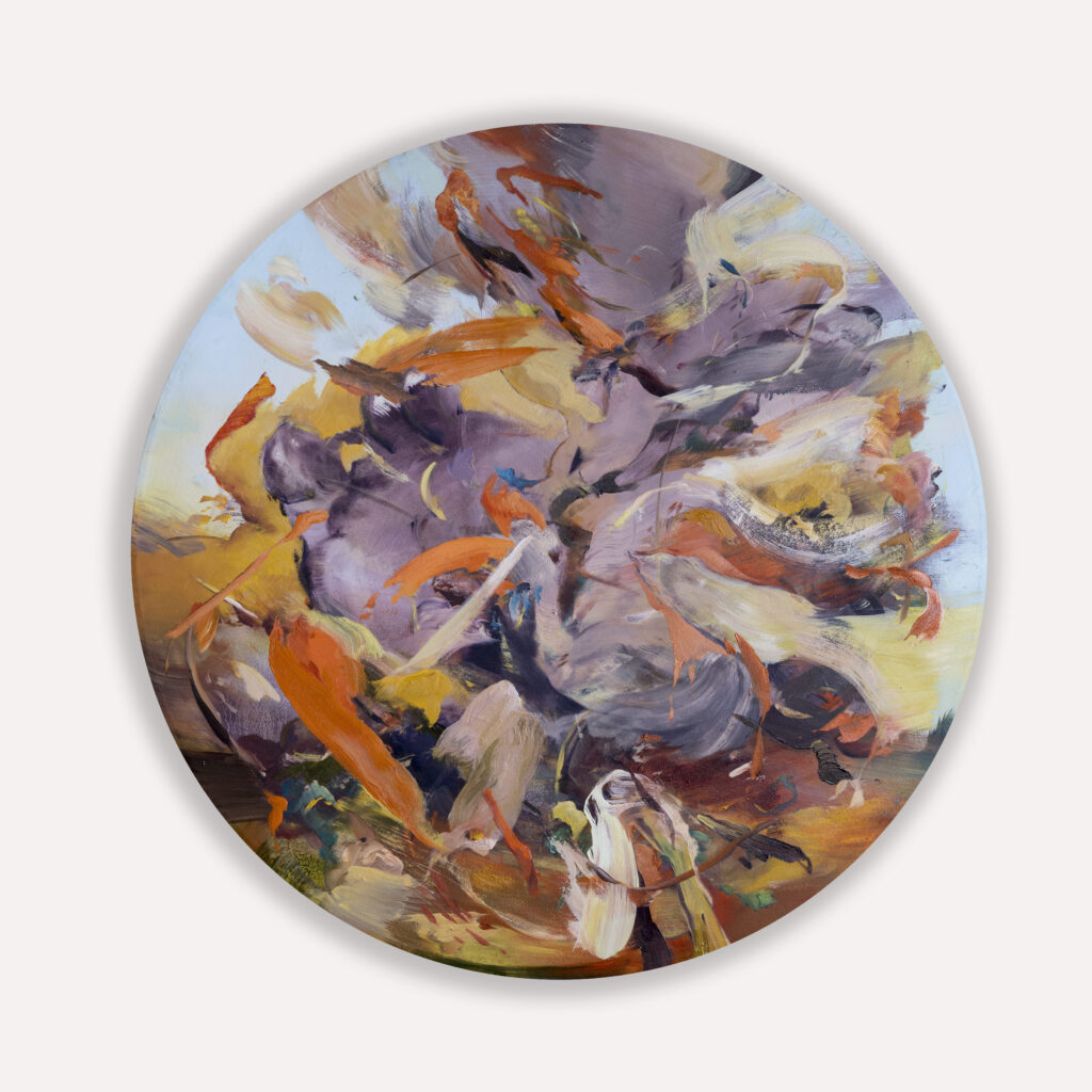 Eric Uhlir, From here they would pour the clouds, 2024, Oil on linen, 36 inches diameter