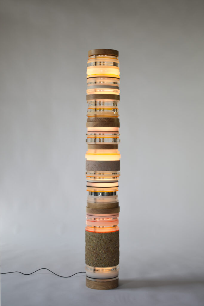 Matt Gagnon, Blond Sand, 2023, Concrete, ash, painted MDF, acrylic, aluminum, steel and LED, 56½ x 8½ inches.