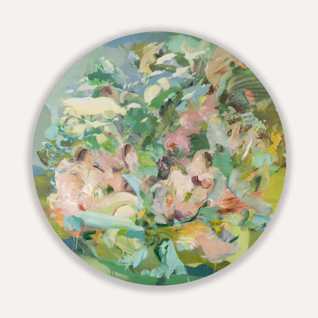 Eric Uhlir, The Arcadian beauty (the danger of what you ask is infinite), 2024, Oil on linen, 48 inches diameter