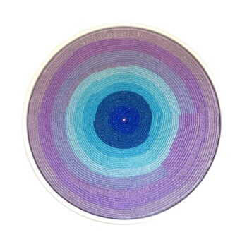 Stephanie Hirsch, What You Seek is Seeking You, Beads on canvas, 2023, 30 inches in diameter (framed) Sold