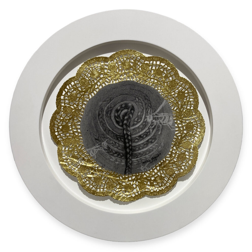 Alicia Brown, Specimen From Paradise 6, 2018, Charcoal on Strathmore paper mounted on gold paper doily, 15½ inch diameter, Framed in white wooden floater frame (no glass)