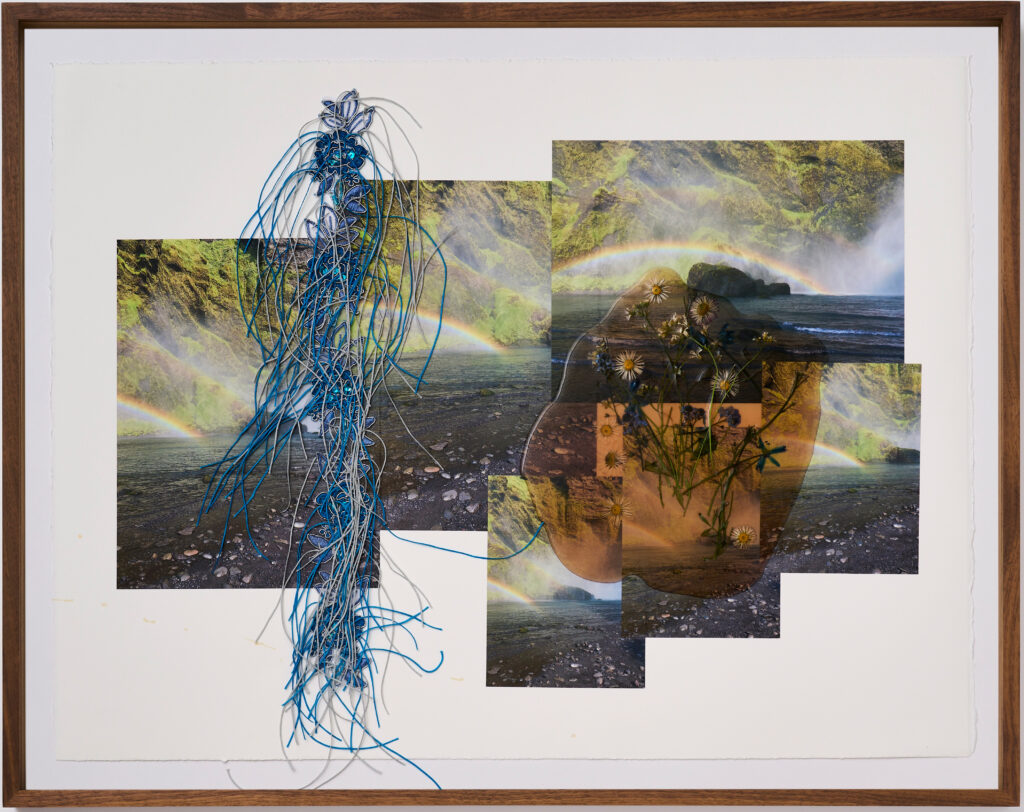 Jil Weinstock, Regnbogar Foss (Rainbows and Waterfalls), 2023, Photographs, rubber, plant life, and thread on BFK, Rives paper, 19 x 26 inches, 22¾ x 28¾ x 2 inches framed