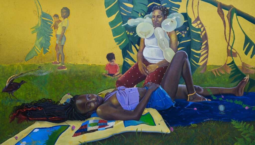 Alicia Brown, Citizen in the Promise Land, 2023, Oil and 24K gold leaf on panel, 48 x 84 inches