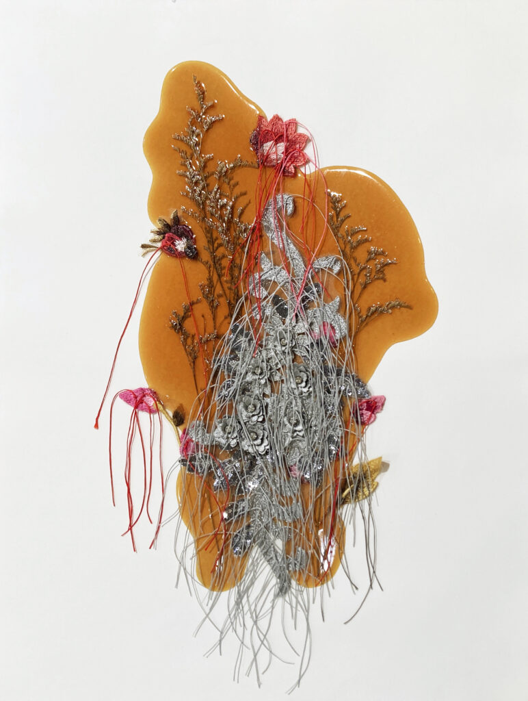 Jil Weinstock, Unwanted Collaborator #12, 2022, Thread, plant life, rubber, watercolor paper, 25½ x 19¾ inches, 31 x 25 x 1¾ inches (framed), Signed and titled in pencil on verso