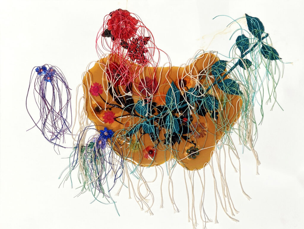 Jil Weinstock, Unwanted Collaborator #17, 2022, Thread, plant life, rubber, watercolor paper, 19½ x 26 inches, 25 x 31 x 1¾ inches (framed), Signed and titled in pencil on verso