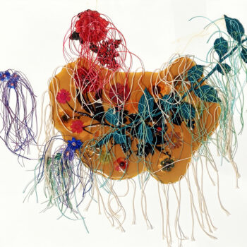 Jil Weinstock, Unwanted Collaborator #17, 2022, Thread, plant life, rubber, watercolor paper, 19½ x 26 inches, 25 x 31 x 1¾ inches (framed), Signed and titled in pencil on verso