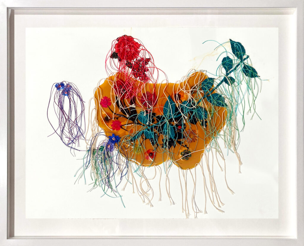 Jil Weinstock, Unwanted Collaborator #17, 2022, Thread, plant life, and rubber on watercolor paper, 19½ x 26 inches, 25 x 31 x 1¾ inches framed