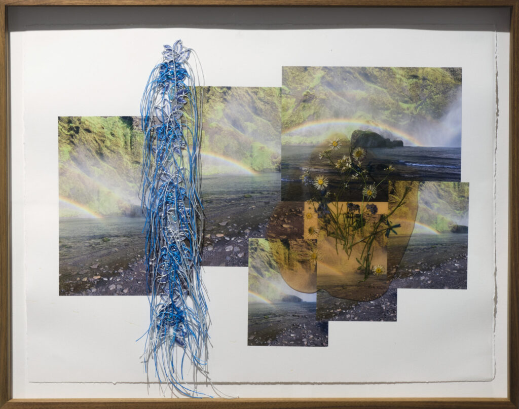 Jil Weinstock, Regnbogar Foss (Rainbows and Waterfalls), 2023, Photographs, rubber, plant life, and thread on BFK, Rives paper, 19 x 26 inches, 22¾ x 28¾ x 2 inches framed