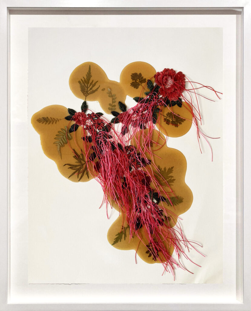 Jil Weinstock, Unwanted Collaborator #15, 2023, Thread, plant life, and rubber on watercolor paper, 26 x 19 inches, 31 x 25 x 1¾ inches framed