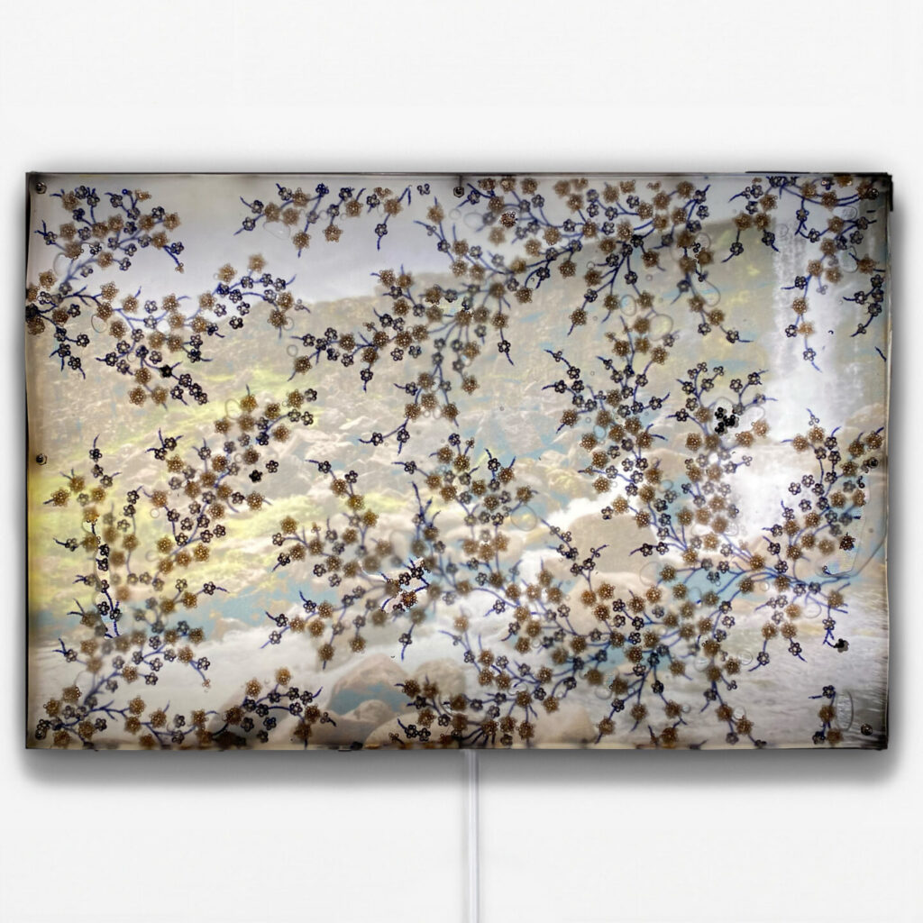 Jil Weinstock, Foss Meo Mosa Og Grjoti with sequins, 2024, Urethane rubber, mixed media, stainless steel frame and fluorescent light, 16 x 24 inches