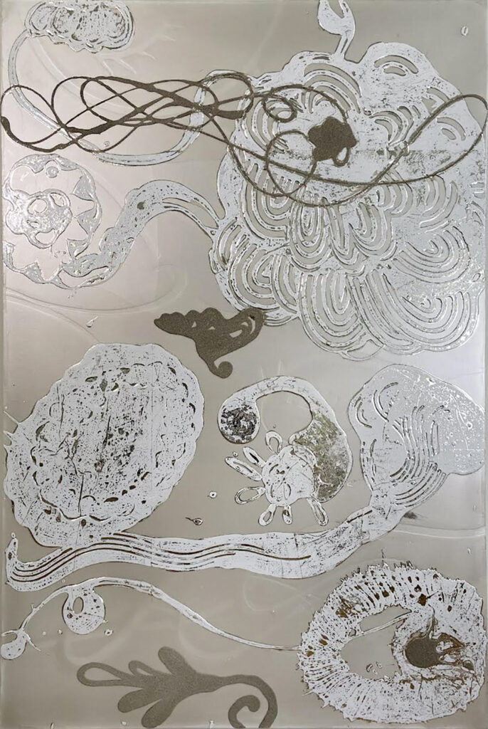 Catherine Howe, FlowerFloat (BlueGoldSilver), 2024, Acrylic and mica pigments on canvas, 60 x 40 inches
