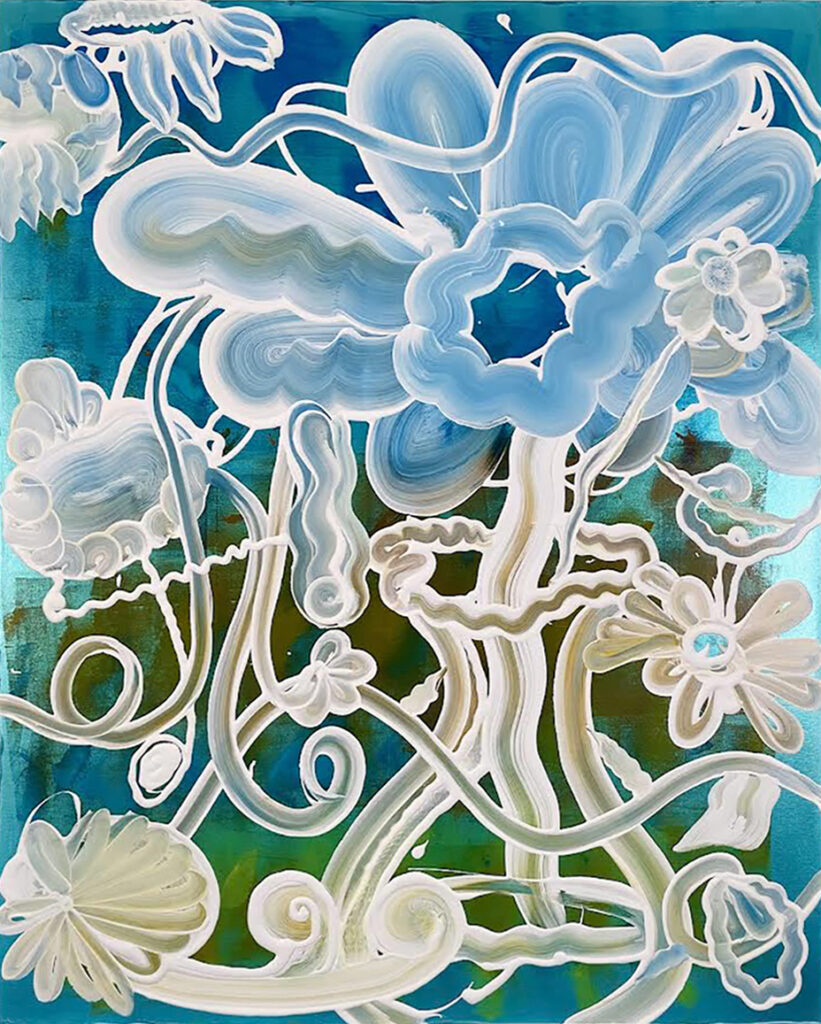 Catherine Howe, Wallflower No.23 (ShimmerAqua), 2024, Acrylic and mica pigments on canvas, 40 x 32 inches