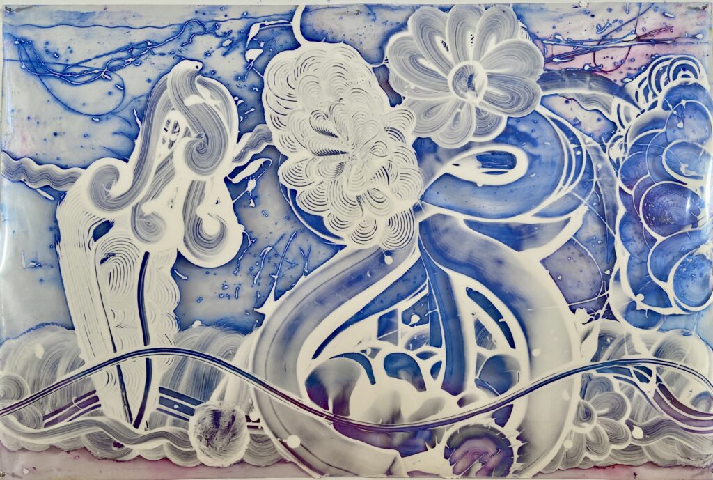 Catherine Howe, Reverse Mylar Painting (Bellflower), 2003, Oil paint, acrylic, and drypoint on polyester film, 40 x 60 inches