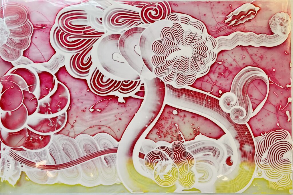 Catherine Howe, Reverse Mylar Painting (Pink Posey), 2023, Oil paint, acrylic, and drypoint on polyester film, 40 x 60 inches