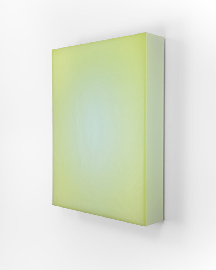 Timothy Schmitz, slab CYCB, 2022, Resin, digital pigment inkjet skins and polymers on acrylic, 16 x 12 x 3 inches