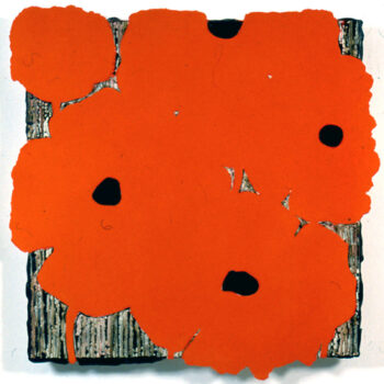 Donald Sultan, Five Reds, July 31, 2002, 2002, Enamel, oil, tar and spackle on tile over wood, 48 x 48 inches