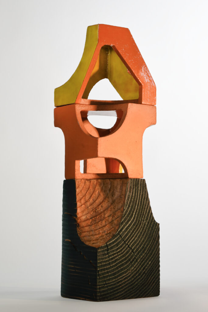 Matt Gagnon, Common Interest (1), 2024, Glazed terra cotta and wood, 20 1/2 x 6 1/4 x 6 1/4 inches