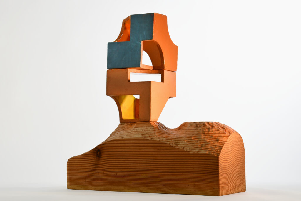 Matt Gagnon, Common Interest (2), 2024, Glazed terra cotta and wood, 19 x 18 1/2 x 7 inches