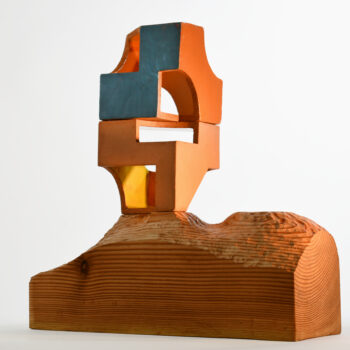 Matt Gagnon, Common Interest (2), 2024, Glazed terra cotta and wood, 19 x 18 1/2 x 7 inches