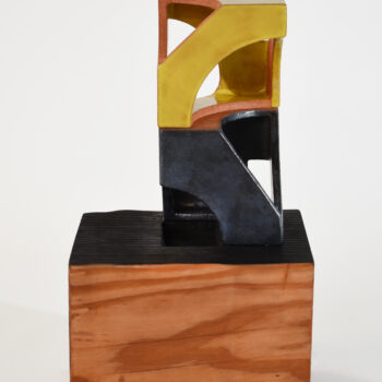 Matt Gagnon, Common Interest (3), 2024, Glazed terra cotta and wood, 20 1/2 x 9 x 11 1/4 inches