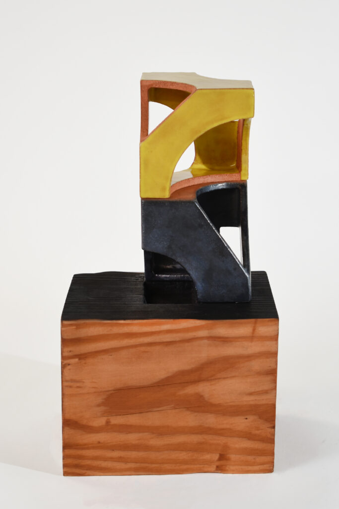 Matt Gagnon, Common Interest (3), 2024, Glazed terra cotta and wood, 20 1/2 x 9 x 11 1/4 inches