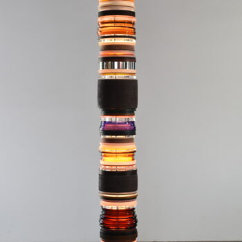 Matt Gagnon, Untitled (Red), 2024, Concrete, oak wood, ash wood, glass, acrylic, polished aluminum, blackened steel, painted MDF, fabric, steel, LED, 87 1/2 x 10 1/2 inches