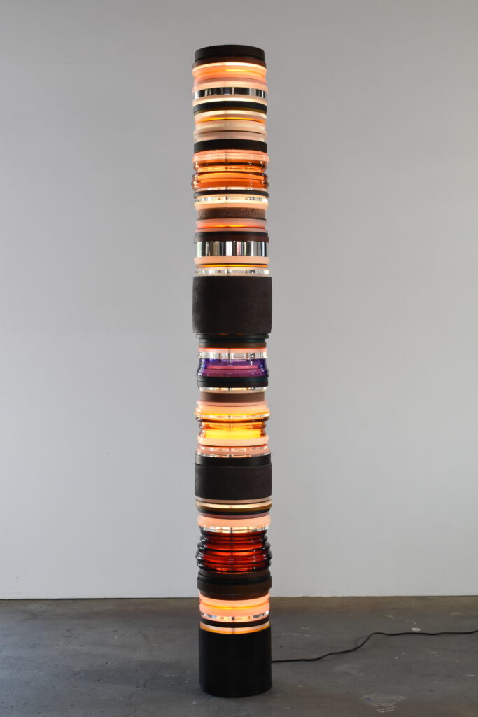 Matt Gagnon, Untitled (Red), 2024, Concrete, oak wood, ash wood, glass, acrylic, polished aluminum, blackened steel, painted MDF, fabric, steel, LED, 87 1/2 x 10 1/2 inches