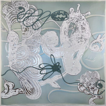 Catherine Howe, Mineral Spirits No. 12, 2024, White and antique silver aluminum leaf, mineral pigments, synthetic pigments, glass beads and acrylic on canvas, 40 x 40 inches