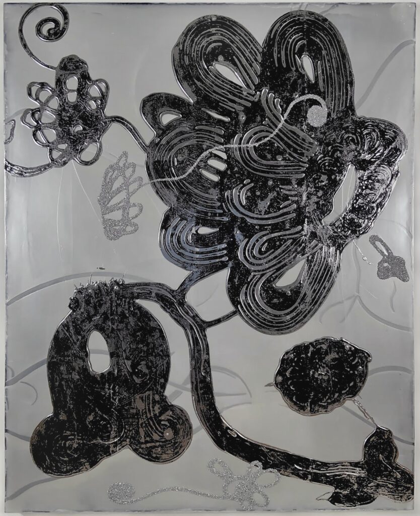 Catherine Howe, Mineral Spirits No. 3, 2024, Black aluminum leaf, mineral pigments, synthetic pigments, glass beads, and acrylic on canvas, 60 x 48 inches