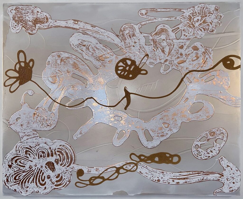 Catherine Howe, Mineral Spirits No. 6, 2024, White and copper leaf, mineral pigments, synthetic pigments, glass beads and acrylic on canvas, 45 x 55 inches