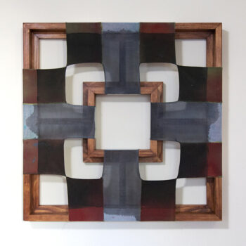 Jinie Park, Signs, Acrylic on sewn Kwangmok and cheesecloth over stained pine, 22 3/4 x 22 3/4 inches