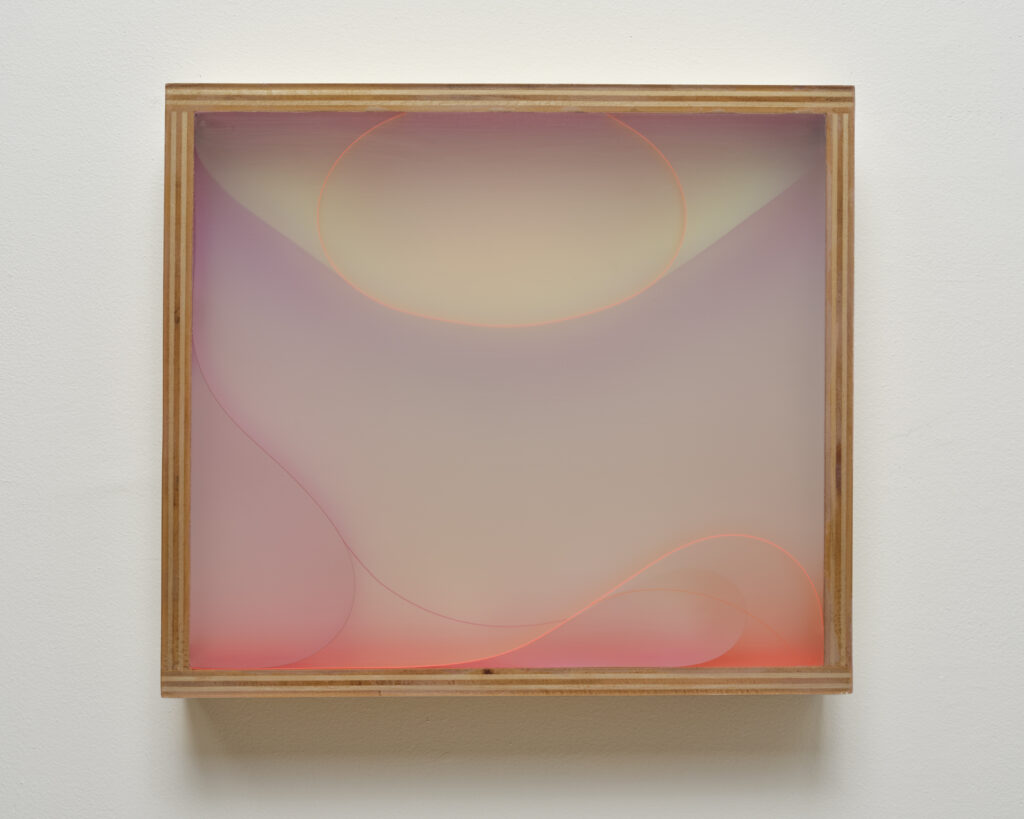 Heather Hutchison, Calliope, 2025, Mixed media, reclaimed Plexiglas, flashe, tape, vinyl, gels, birch plywood box, 16 x 18 x 3 5/8 inches