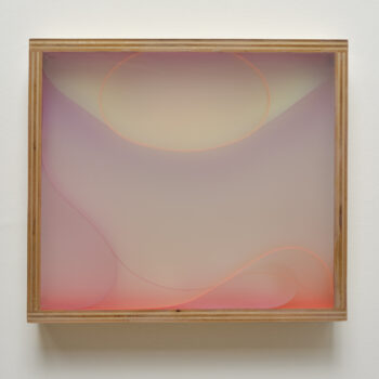 Heather Hutchison, Calliope, 2025, Mixed media, reclaimed Plexiglas, flashe, tape, vinyl, gels, birch plywood box, 16 x 18 x 3 5/8 inches