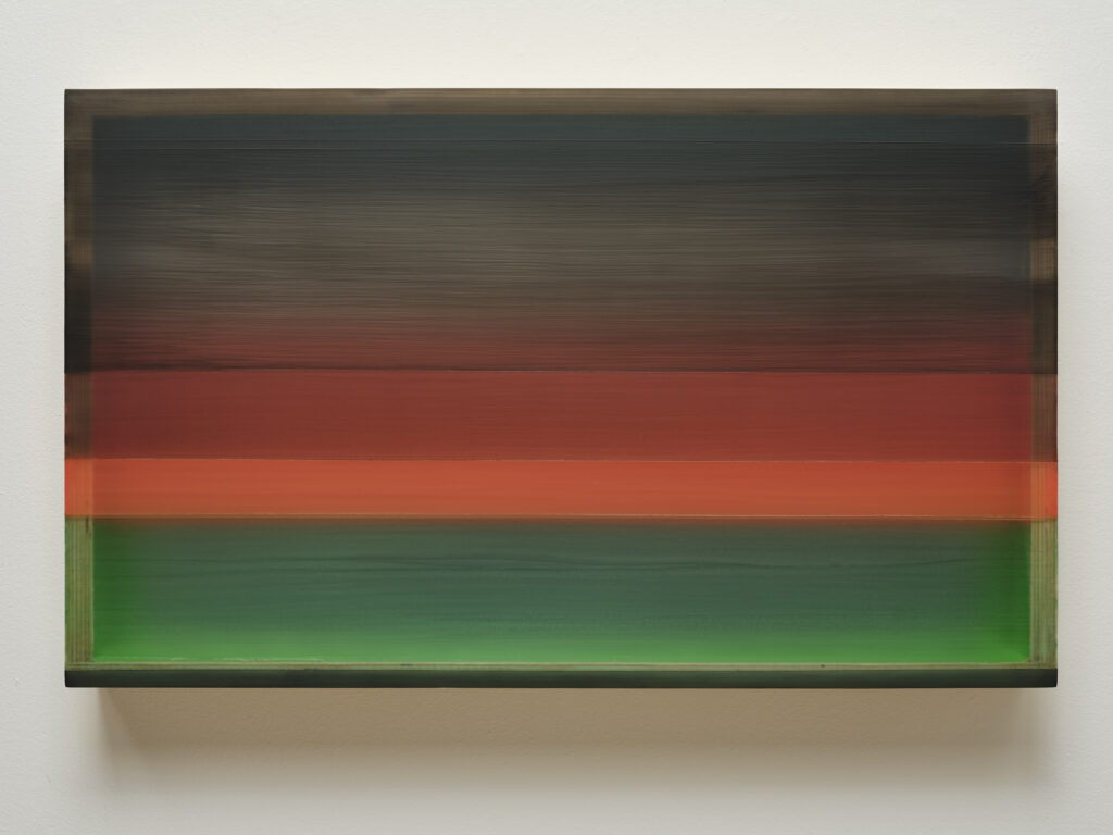 Heather Hutchison, Deforestation, 2019, Mixed media, reclaimed Plexiglas, flashe, tape, vinyl, birch plywood box, 16 7/8 x 27 7/8 x 3 3/4 inches