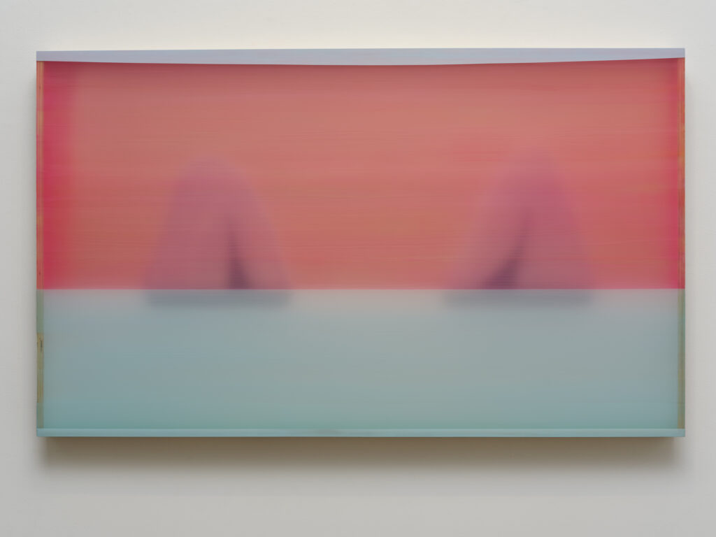 Heather Hutchison, From Here, 2022, Mixed media, reclaimed Plexiglas, flashe, tape, vinyl, birch plywood box, 42 3/4 x 71 3/4 x 3 3/4 inches