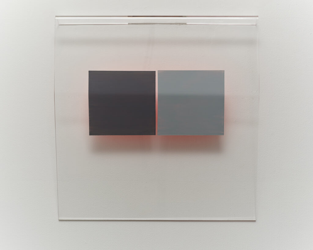 Heather Hutchison, More Like the Weather Faith, 2015, Flashe, Aura and Enamel on Plexiglas, 16 x 17 x 4 3/8 inches