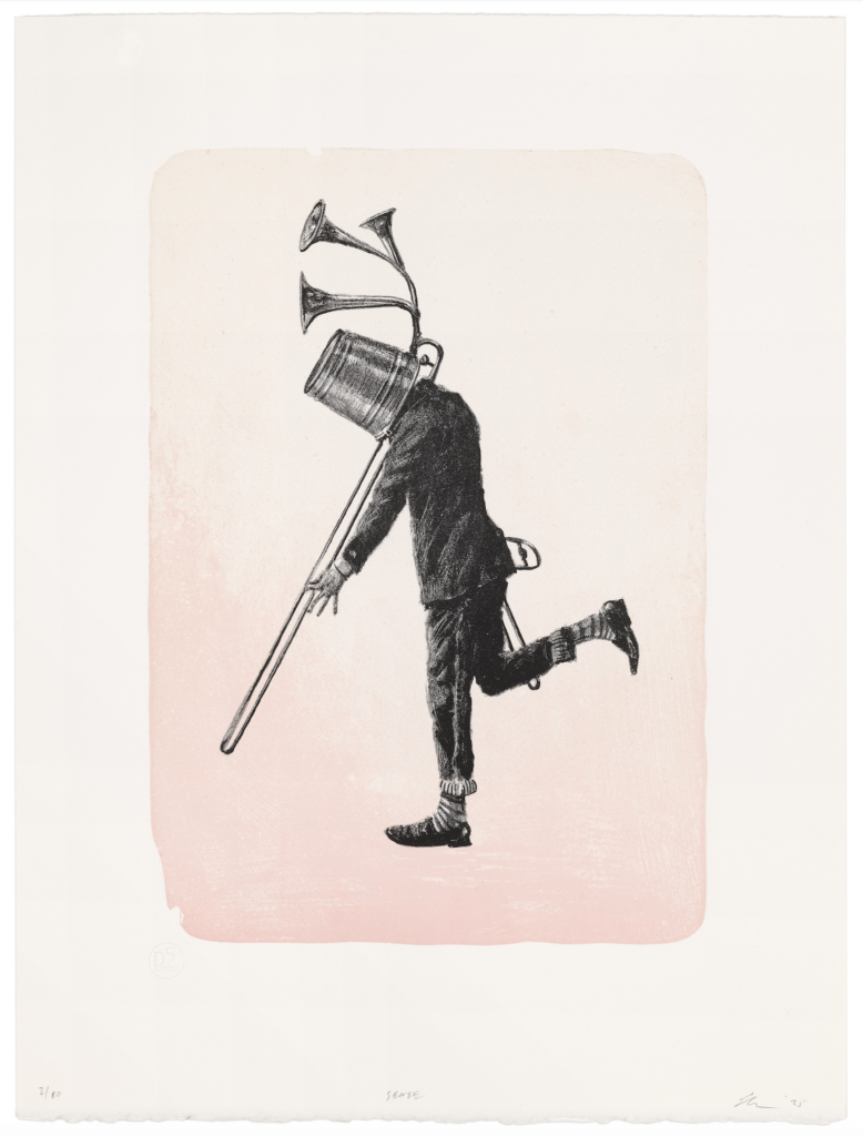 Ethan Murrow, Sense, 2025, Three color stone lithograph on paper, Edition of 80, 20 13/16 x 15 5/8 inches
