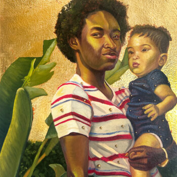 Alicia Brown Invasive seedlings #10, 2024 Oil, 24kg leaf, and pearls on panel 16 x 12 inches