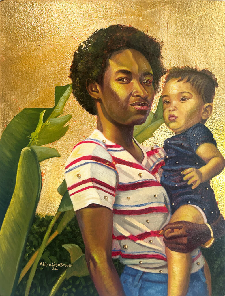 Alicia Brown Invasive seedlings #10, 2024 Oil, 24kg leaf, and pearls on panel 16 x 12 inches