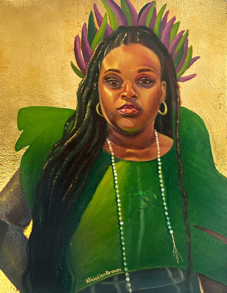 Alicia Brown Invasive seedlings #11, 2024 Oil, 24kg leaf, and pearls on panel 16 x 12 inches