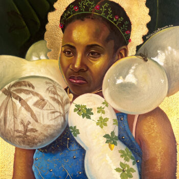 Alicia Brown Invasive seedlings #9, 2024 Oil, 24kg leaf, and pearls on panel 16 x 12 inches